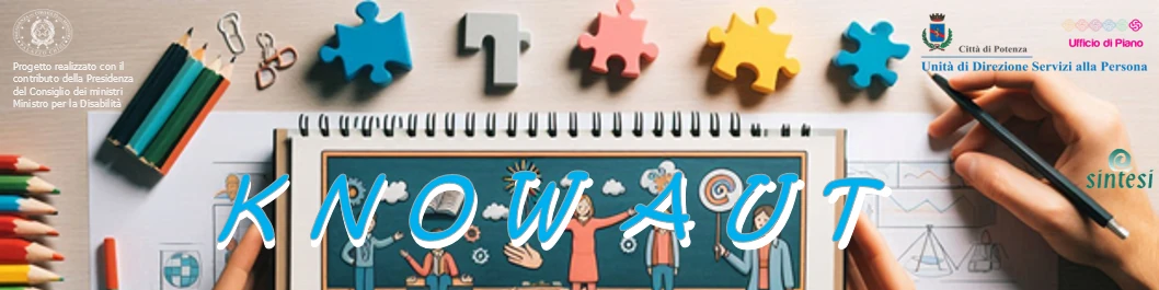 KNOW AUT project banner: colourful puzzle pieces, pencils and a notebook with drawings of an inclusive classroom; at the top, the logos of the Presidency of the Council of Ministers, the Municipality of Potenza (People Services Directorate and Planning Office) and Sintesi